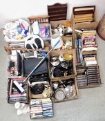 10 X BOXES AND A BASKET OF ASSORTED HOUSEHOLD SUNDRIES TO INCLUDE HOME ELECTRICALS,