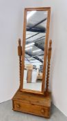 A PINE CHEVAL MIRROR WITH SINGLE DRAWER BASE AND BARLEY TWIST SUPPORTS.