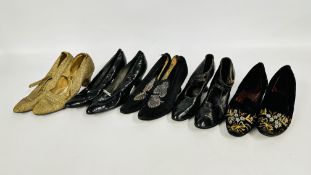 FIVE PAIRS OF ANTIQUE LADIES COURT SHOES TO INCLUDE CUT STEEL DECORATED,