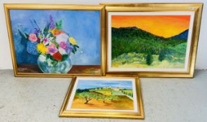 3 FRAMED ROSALIND ROBERTS OIL ON CANVAS PAINTINGS TO INCLUDE TOWN SCENE, 39CM X 49CM,