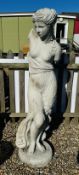 A LIFE SIZE GRECIAN FEMALE GARDEN STONEWORK FIGURE, HEIGHT 165CM.