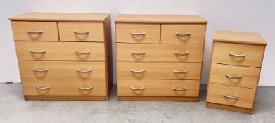 3 PIECES OF MATCHING BEDROOM FURNITURE TO INCLUDE A PAIR OF TWO OVER 3 DRAWER CHESTS AND SINGLE 3