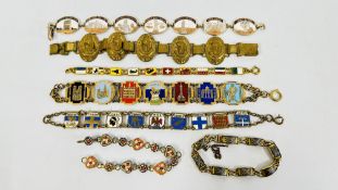 A GROUP OF 4 VINTAGE ENAMEL SOUVENIR BRACELETS + AN EGYPTIAN GILT EXAMPLE AND A MICRO MOSAIC