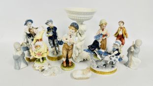 A GROUP OF ASSORTED FIGURINES AND FIGURED GROUPS TO INCLUDE HARD PASTE AND CONTINENTAL EXAMPLES.