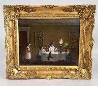 DEBORAH JONES (BRITISH 1912 - 2012) GILT FRAMED OIL ON BOARD DEPICTING A BIRTHDAY TEA PARTY
