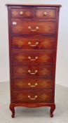 (R) HARDWOOD TOWER CHEST, THE DRAWER FRONTS WITH INLAID BRASS DESIGNS, W 61CM, D 43CM, H 138CM.