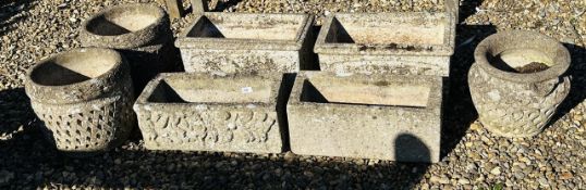 3 X PAIRS OF STONEWORK GARDEN PLANTERS (PAIR POTS, 2 X PAIRS TROUGHS) PLUS ONE OTHER.