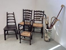 A PORCELAIN STICK STAND WITH ASSORTED STICKS AND UMBRELLAS + 4 ASSORTED OAK FRAMED CHAIRS INCLUDING