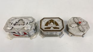 THREE ALUMINIUM TRENCH ART BOXES.