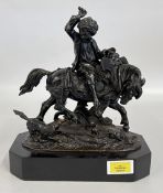 A C19TH BRONZE OF A BOY ON A HORSE ATTACKED BY A DOG, ON OVAL BASE AND STONE PLINTH, L 26 X H 30CM.