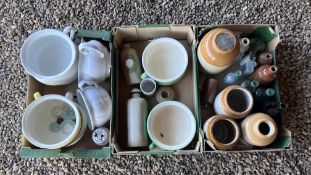 THREE BOXES OF VINTAGE GLASS AND STONEWARE BOTTLES AND JARS,