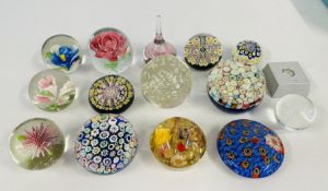 A QUANTITY OF ART GLASS PAPERWEIGHTS TO INCLUDE MILLEFIORI EXAMPLES MARKED JOHN DEACONS &