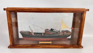 ATLANTIC TRAWLER IN GLASS DISPLAY CASE, L 59.5CM X D 15CM X H 31CM.