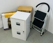 STEEL 2 DRAWER FILING CABINET, STEEL FRAMED TWO TREAD FOLDING STEPS,