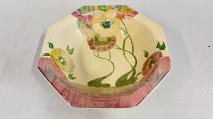 A CLARICE CLIFF PINK PEARLS HONEY GLAZE OCTAGONAL BOWL MARKED NEWPORT / STAFFORDSHIRE POTTERY A.J.
