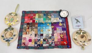 A PATCHWORK PANEL WITH ATTACHED CHRISTMAS CHARM / PENDANTS + A VINTAGE MOURNING BROOCH,