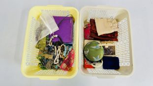TWO BASKETS CONTAINING A GROUP OF ASSORTED FASHION JEWELLERY, WHITE METAL BEADED NECKLACES,