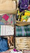 3 X BOXES OF ASSORTED THROWS AND BLANKETS TO INCLUDE PATCHWORK EXAMPLES + A VINTAGE FUR COAT,
