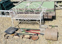 COLLECTION OF GARDEN ORNAMENTS AND TOOLS TO INCLUDE METAL CRAFT BENCH (A/F) LENGTH 142CM,