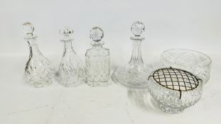 4 VARIOUS CUT GLASS DECANTERS, CUT GLASS FRUIT BOWL, CUT GLASS ROSE BOWL.