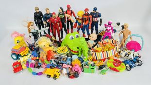 A BOX OF ASSORTED TOYS TO INCLUDE MANY ACTION FIGURES ETC.