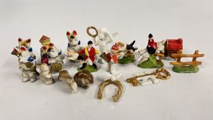 A COLLECTION OF VINTAGE CHINA CAKE DECORATIONS TO INCLUDE A DOG BAND, HORSE AND HOUND, RABBITS ETC.