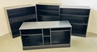 FOUR PIECES OF MODERN BLACK FINISH STORAGE UNIT / CABINETS TO INCLUDE 3 TIER BOOKSHELF,