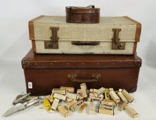 TWO VINTAGE SUITCASES AND A BROWN LEATHER COLLAR BOX,