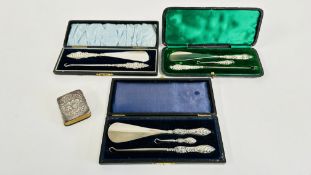 3 X BOXED SETS OF SILVER HANDLED SHOE HORNS AND BUTTON HOOKS INCLUDING 1898 LEVI AND SALAMAN,