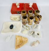A GROUP OF POLISHED HARDSTONE ORNAMENTS AND ASHTRAYS + A SET OF 6 GOOD QUALITY POLISHED ONYX