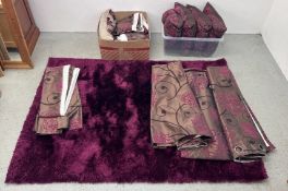 A GROUP OF SOFT FURNISHINGS TO INCLUDE FEATHER FILLED CUSHIONS AND MATCHING CURTAINS AND A MODERN