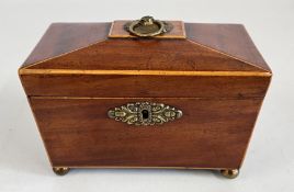 A LATE GEORGIAN MAHOGANY SARCOPHAGUS CADDY ON FOUR BRASS BALL FEET, W 20 X H 14.5 X D 11CM.