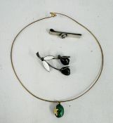 A SILVER GILT ENAMEL EGG & NECKLACE ARNE NORDLIE SILVER ENAMEL BROOCH, DANISH SILVER TIE BAR.