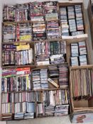 16 X BOXES OF DVD'S, CD'S, CASSETTES, VIDEO GAMES AND RECORDS, THE DVD'S TO INCLUDE ACTION, HISTORY,