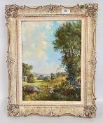 A FRAMED OIL ON BOARD DEPICTING A COLOURFUL RURAL LANDSCAPE BEARING SIGNATURE P.
