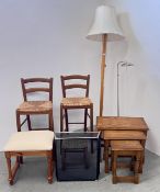 A GROUP OF OCCASIONAL FURNITURE TO INCLUDE NEST OF THREE OAK TABLES, WOVEN STOOL,