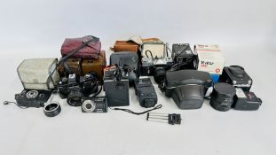 TWO BOXES OF ASSORTED CAMERAS INCLUDING SLR, BOX INSTANT, BROWNIE, PRACTIKA, ZENIT, FLASHES ETC.