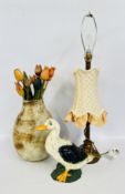 A CLASSICAL MODERN LAMP WITH A VINTAGE STYLE FRINGED SHADE ALONG WITH A LARGE STUDIO POTTERY VASE