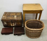 VINTAGE SCHOOL DESK, WICKER BASKET, METAL TIN TRUNK.