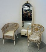 PAIR OF WOVEN TUB CHAIRS & CHEVAL DRESSING MIRROR WITH DRAWER BASE.