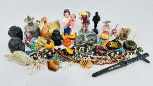 A COLLECTION OF SOUVENIRS FROM VARIOUS TRAVEL LOCATIONS INCLUDING WHISTLES,