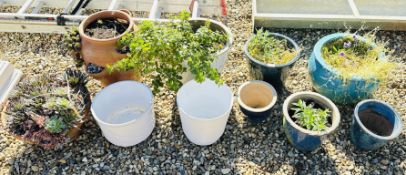 A GROUP OF 10 GARDEN PLANTERS TO INCLUDE TERRACOTTA, STRAWBERRY, GLAZED EXAMPLES, ETC.