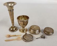 A GROUP OF SILVER ITEMS TO INCLUDE SPILL VASE, EGG CUP, PILL BOXES, FUNNEL, FLASK + TWO M.O.P.