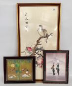 A GROUP OF 3 X FRAMED ORIENTAL PICTURES TO INCLUDE AN EMBROIDERED ORIENTAL SILK PANEL,