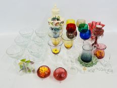 A SET OF 6 COLOURED HOOK GLASSES + A FURTHER 4 WINE / CLARET GLASSES + A SET OF 6 CLEAR GLASS