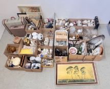 23 X BOXES OF ASSORTED HOUSEHOLD SUNDRIES TO INCLUDE FRAMED PRINTS, 2 X VINTAGE STYLE SUITCASES,