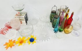 3 X BOXES OF GOOD QUALITY SUNDRY GLASS WARE TO INCLUDE VASES AND COLOURED GLASS BOTTLES,