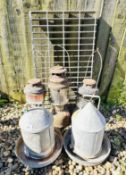TWO GALVERNISED CHICKEN FEEDERS, 3 VINTAGE TILLY LAMPS AND GALVERNISED FOOT SCRAPER GRID.
