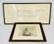 A VINTAGE FRAMED AND MOUNTED NAVAL ARCHITECTURE PLATE X 1 A FRIGATE OF 38 GUNS,
