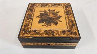 A SQUARE TUNBRIDGE WARE BOX WITH EBONY SIDES,